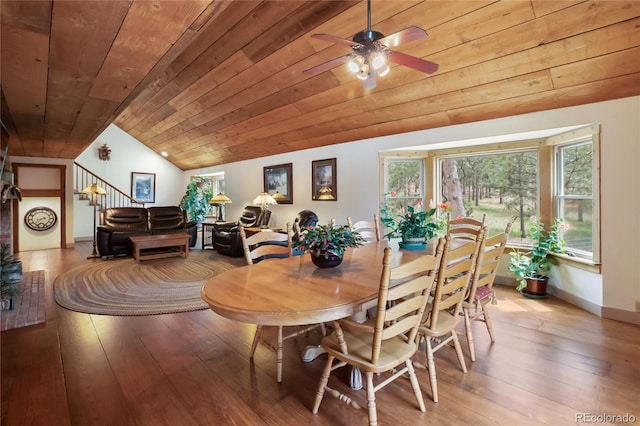 688 Obsidian Dr, Florissant, CO 80816 - dining area featuring vaulted ceiling, wood ceiling, light wood finished floors, ceiling fan, and baseboards