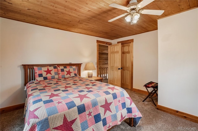 688 Obsidian Dr, Florissant, CO 80816 - bedroom featuring carpet floors, wood ceiling, baseboards, and a ceiling fan