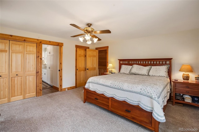 688 Obsidian Dr, Florissant, CO 80816 - carpeted bedroom featuring a ceiling fan and ensuite bath