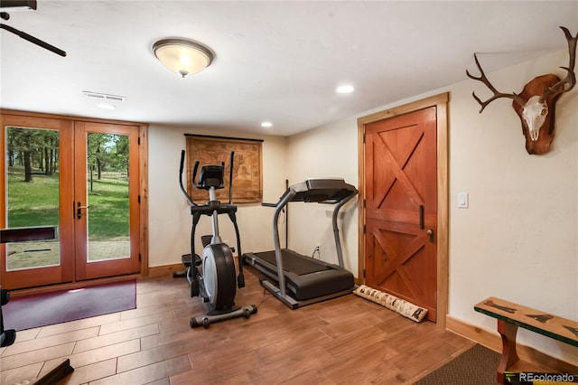 688 Obsidian Dr, Florissant, CO 80816 - exercise area with wood finished floors, french doors, baseboards, and recessed lighting