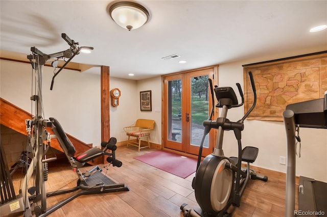 688 Obsidian Dr, Florissant, CO 80816 - exercise room featuring french doors, hardwood / wood-style flooring, baseboards, and recessed lighting