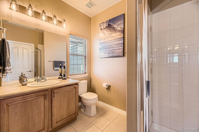 full bath with toilet, vanity, visible vents, tile patterned floors, and a stall shower