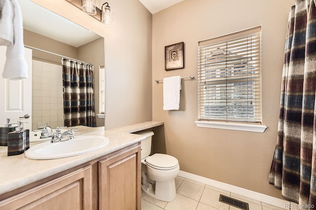 full bathroom with visible vents, toilet, vanity, tile patterned flooring, and baseboards