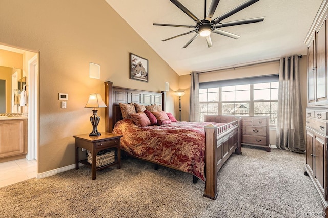 bedroom featuring light colored carpet, a textured wall, ceiling fan, high vaulted ceiling, and baseboards