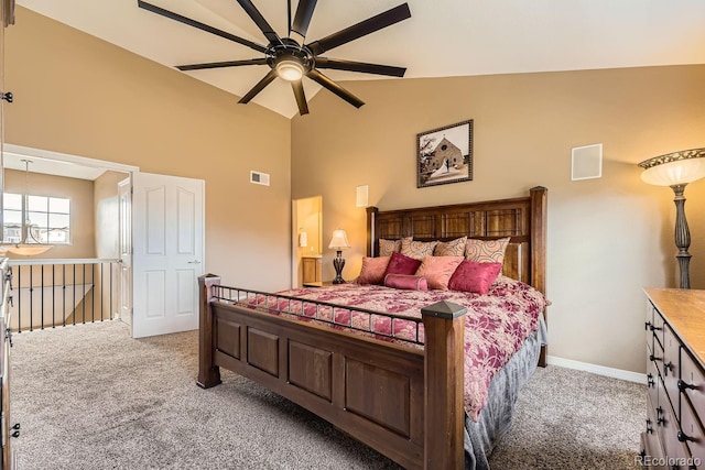 bedroom with visible vents, baseboards, ceiling fan, and carpet flooring