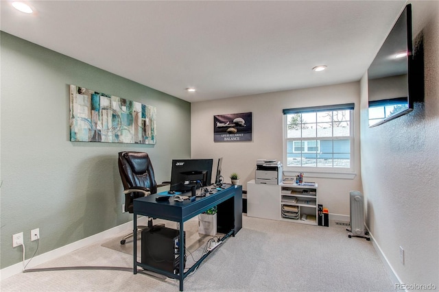 carpeted office space featuring recessed lighting and baseboards