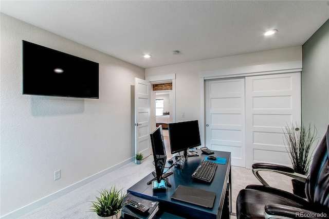 home office with recessed lighting, carpet, and baseboards