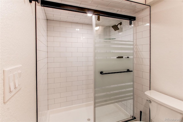 bathroom featuring toilet and a shower stall