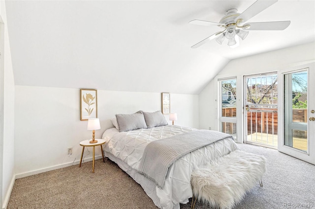 bedroom with lofted ceiling, baseboards, ceiling fan, access to outside, and carpet flooring