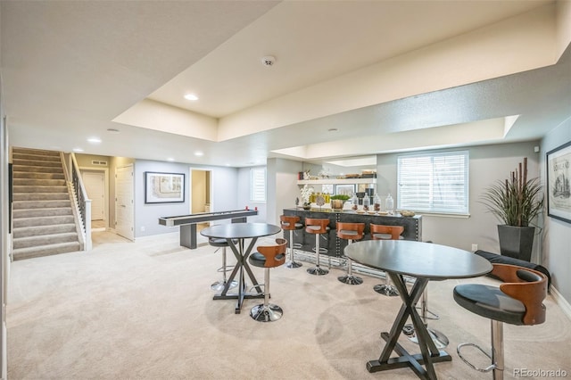 1261 W 170th Ave, Broomfield, CO 80023 - recreation room with carpet floors, a tray ceiling, recessed lighting, and bar area