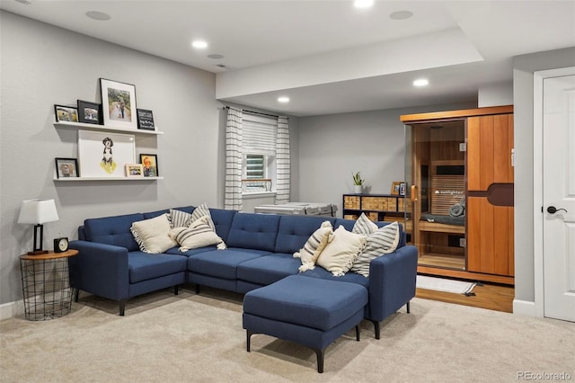 15960 W 62nd Dr, Arvada, CO 80403 - living room featuring carpet floors, baseboards, and recessed lighting