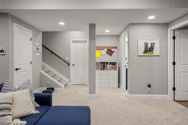 15960 W 62nd Dr, Arvada, CO 80403 - carpeted living area featuring stairway, baseboards, and recessed lighting