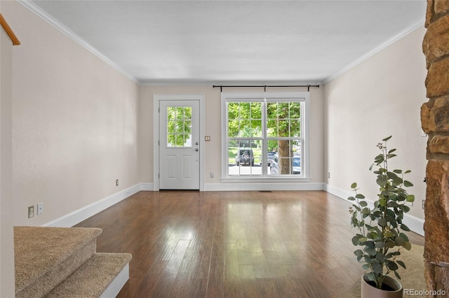 10814 Bayfield Way, Parker, CO 80138 - unfurnished living room featuring ornamental molding, wood finished floors, and stairway