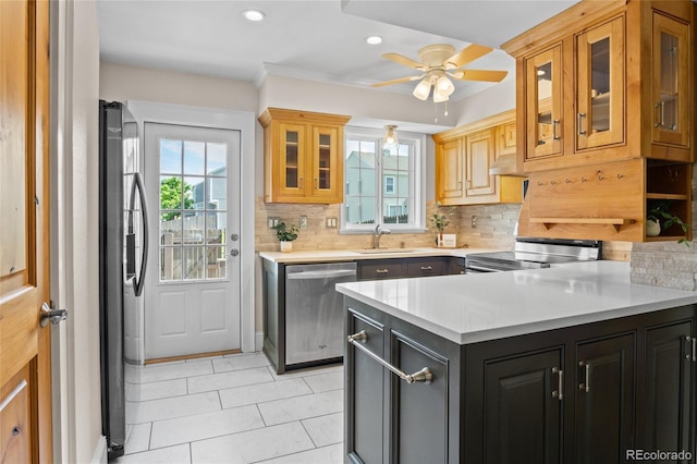 10814 Bayfield Way, Parker, CO 80138 - kitchen with appliances with stainless steel finishes, light countertops, plenty of natural light, decorative backsplash, and recessed lighting
