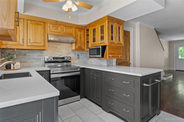 10814 Bayfield Way, Parker, CO 80138 - kitchen featuring stainless steel appliances, under cabinet range hood, a peninsula, crown molding, and ceiling fan