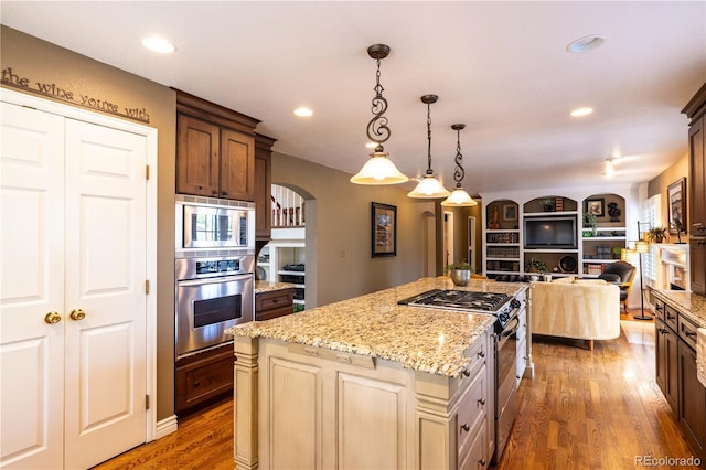 9 Roder Gate Ln, Castle Pines, CO 80108 - kitchen featuring appliances with stainless steel finishes, arched walkways, open floor plan, wood finished floors, and light stone counters