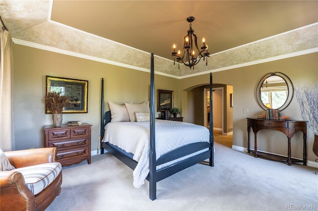 9 Roder Gate Ln, Castle Pines, CO 80108 - bedroom with arched walkways, a chandelier, light carpet, baseboards, and crown molding