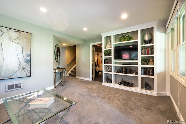 9 Roder Gate Ln, Castle Pines, CO 80108 - living room with carpet flooring, stairway, recessed lighting, and baseboards
