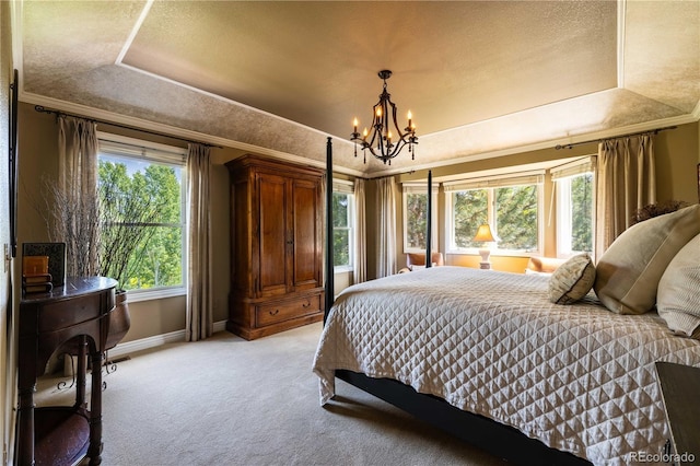 9 Roder Gate Ln, Castle Pines, CO 80108 - bedroom with a raised ceiling, baseboards, light carpet, a chandelier, and ornamental molding