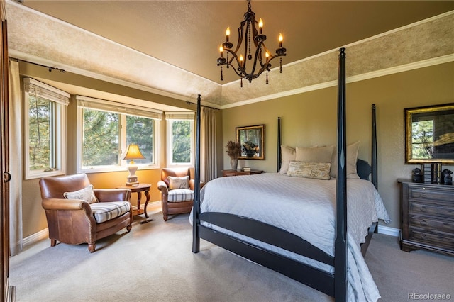 9 Roder Gate Ln, Castle Pines, CO 80108 - bedroom with carpet flooring, a chandelier, baseboards, multiple windows, and ornamental molding