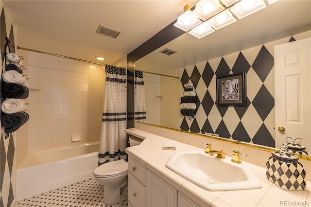 9 Roder Gate Ln, Castle Pines, CO 80108 - full bathroom featuring vanity, toilet, shower / bath combo with shower curtain, tile patterned flooring, and recessed lighting