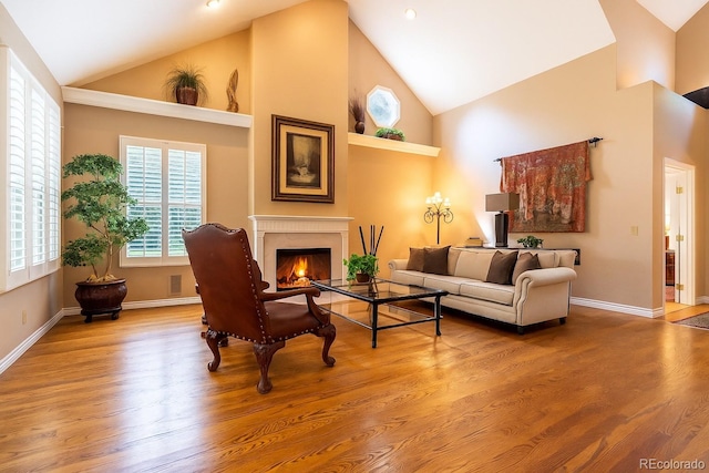 9 Roder Gate Ln, Castle Pines, CO 80108 - living area featuring high vaulted ceiling, a warm lit fireplace, wood finished floors, and baseboards
