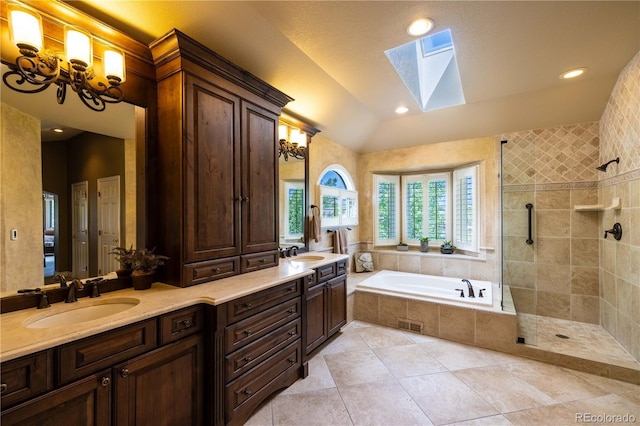 9 Roder Gate Ln, Castle Pines, CO 80108 - bathroom with a skylight, a bath, double vanity, lofted ceiling, and a tile shower