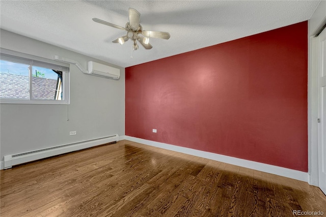 1355 Gaylord St Unit 6, Denver, CO 80206 - unfurnished room featuring a baseboard radiator, wood finished floors, an AC wall unit, a ceiling fan, and baseboards