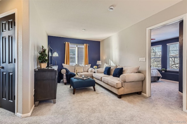 living room with baseboards, a textured wall, and light colored carpet