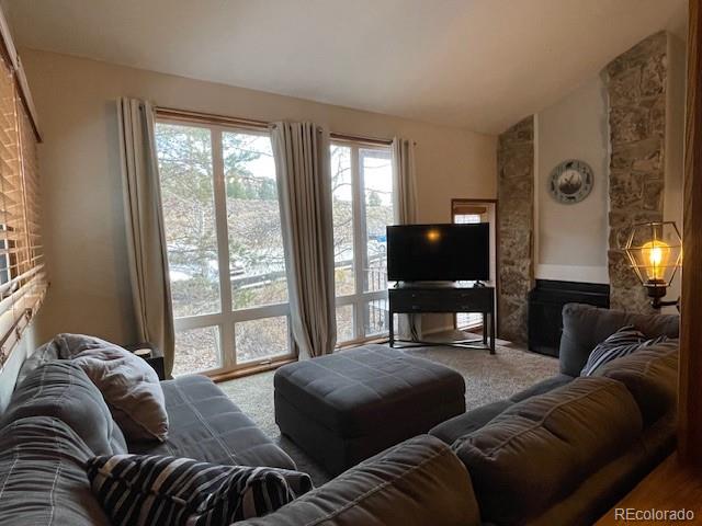 carpeted living room with vaulted ceiling