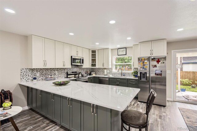 7465 S Ivy Way, Centennial, CO 80112 - kitchen featuring appliances with stainless steel finishes, a peninsula, light wood-type flooring, light stone countertops, and recessed lighting