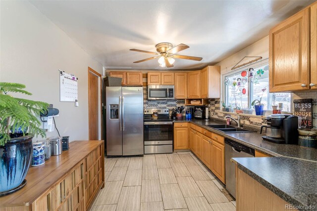 9486 Pelon Dr, Denver, CO 80260 - kitchen with stainless steel appliances, a sink, decorative backsplash, and dark countertops