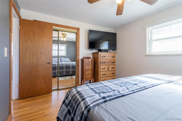 9486 Pelon Dr, Denver, CO 80260 - bedroom featuring light wood finished floors, a closet, and a ceiling fan