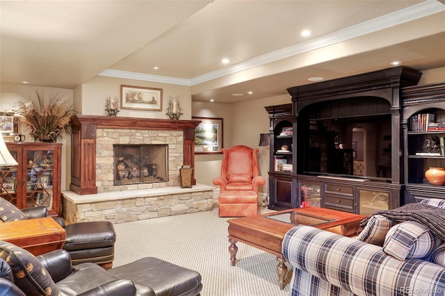 carpeted living room featuring a fireplace, recessed lighting, and ornamental molding