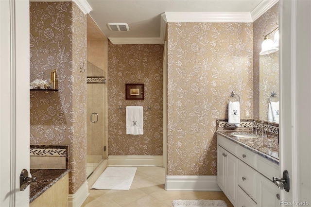 full bathroom with a shower stall, crown molding, tile patterned floors, vanity, and visible vents