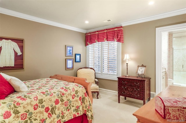 bedroom featuring carpet floors, baseboards, ensuite bath, ornamental molding, and recessed lighting
