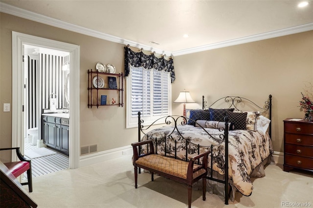 bedroom featuring baseboards, visible vents, carpet floors, and crown molding