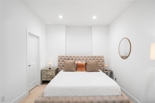bedroom with baseboards, carpet flooring, and recessed lighting