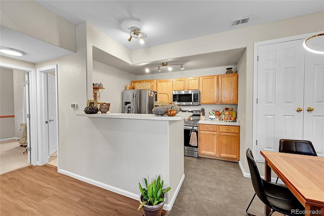 kitchen with stainless steel appliances, baseboards, light countertops, and a peninsula