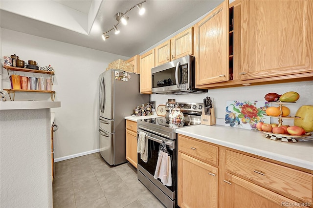 kitchen featuring appliances with stainless steel finishes, light brown cabinets, open shelves, light countertops, and light tile patterned flooring