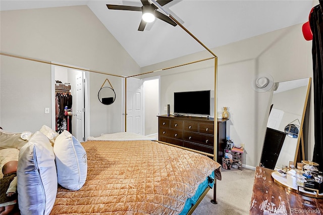 bedroom with carpet floors, high vaulted ceiling, a ceiling fan, and a closet