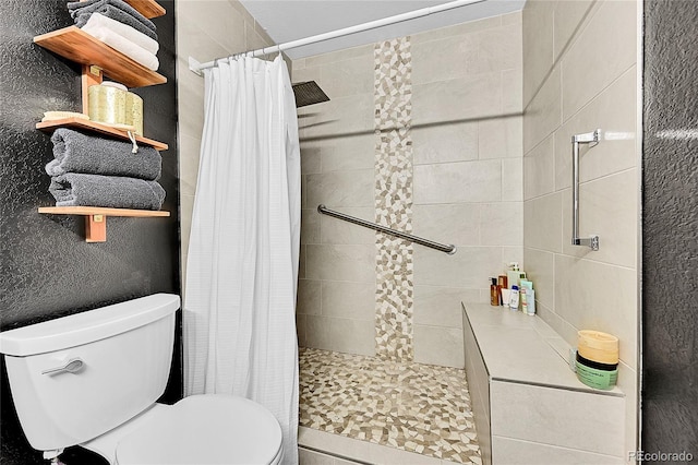 full bathroom featuring toilet and a shower stall