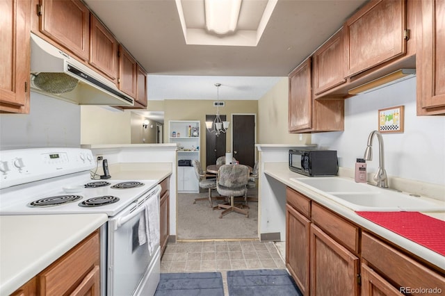 kitchen with pendant lighting, white electric range, sink, a chandelier, and light colored carpet