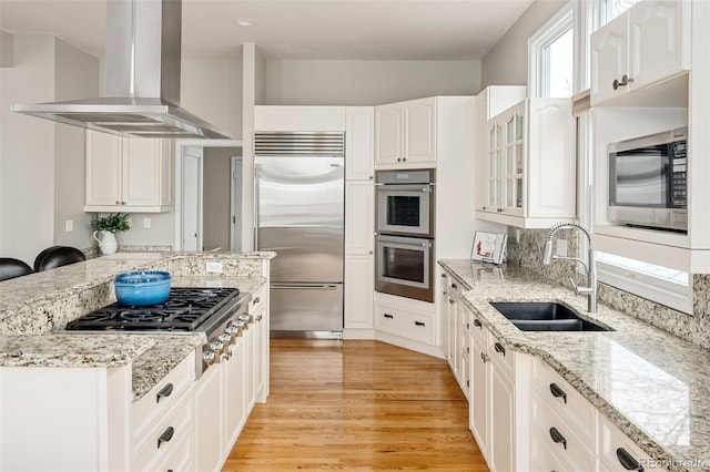 kitchen with light wood finished floors, ventilation hood, glass insert cabinets, built in appliances, and a sink