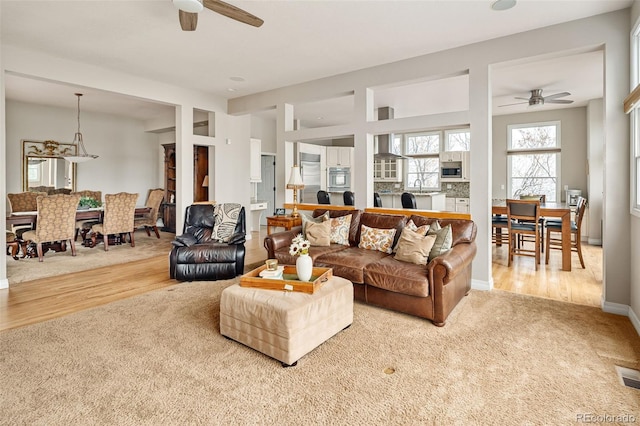 carpeted living room with visible vents, wood finished floors, and ceiling fan