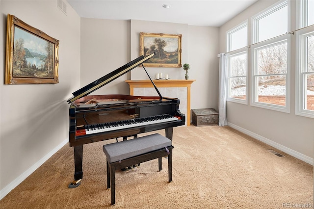 sitting room featuring visible vents, baseboards, and carpet