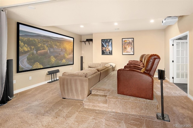 cinema room featuring recessed lighting, baseboards, and carpet floors