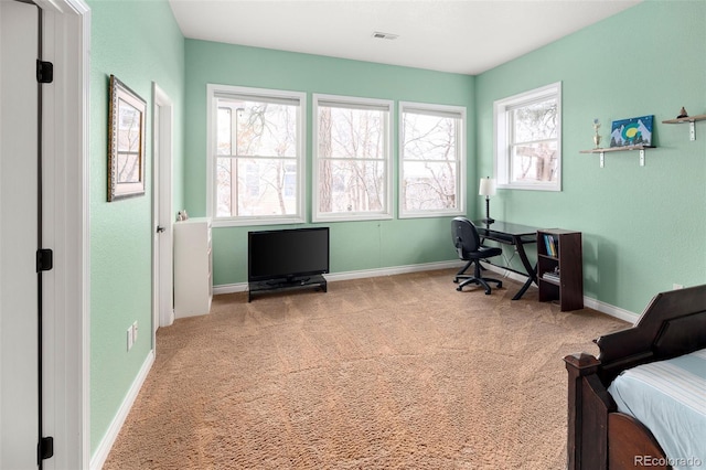 office space featuring visible vents, baseboards, and carpet
