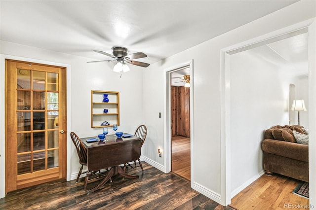 4285 Newland St, Wheat Ridge, CO 80033 - dining space with ceiling fan, wood finished floors, an office area, and baseboards