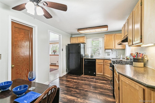 4285 Newland St, Wheat Ridge, CO 80033 - kitchen with black appliances, dark wood-type flooring, a sink, a ceiling fan, and under cabinet range hood